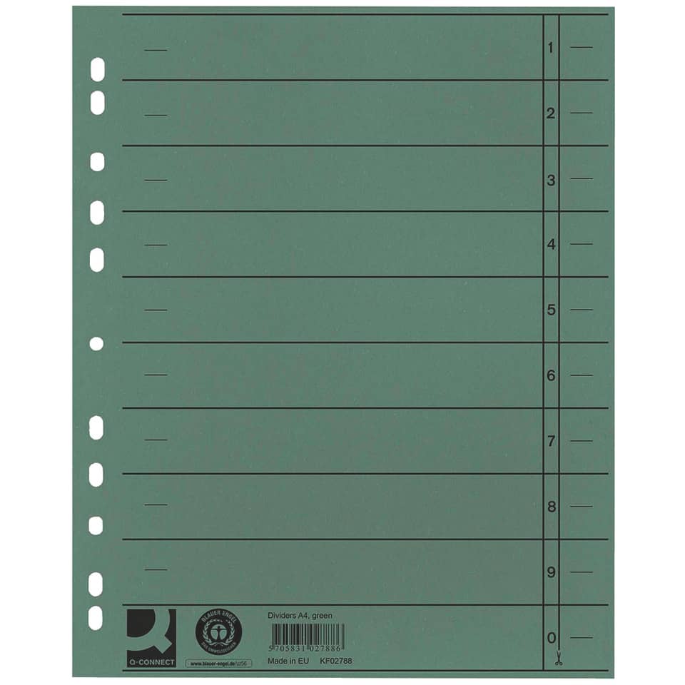 Separatore per archivio con perforazione universale Q-Connect 24x30 cm 230 g/m² verde  conf. da 100 - KF02788