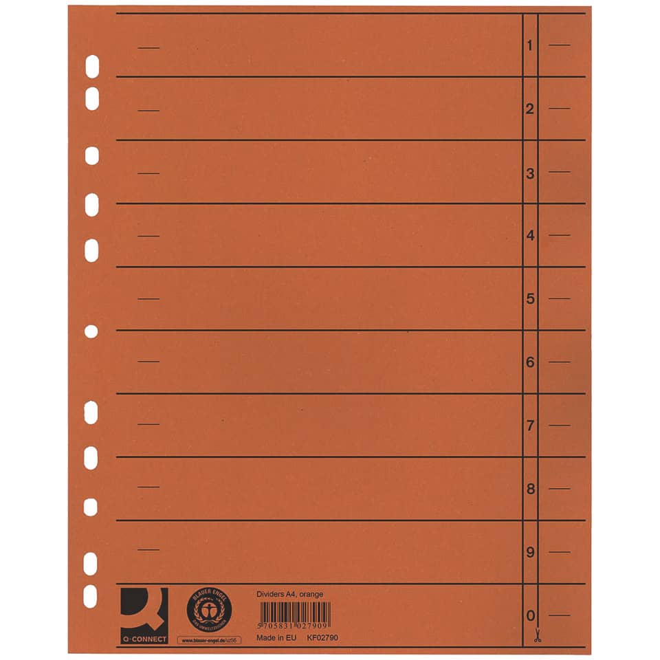 Separatore per archivio con perforazione universale Q-Connect 24x30 cm 230 g/m² arancio  conf. da 100 - KF02790