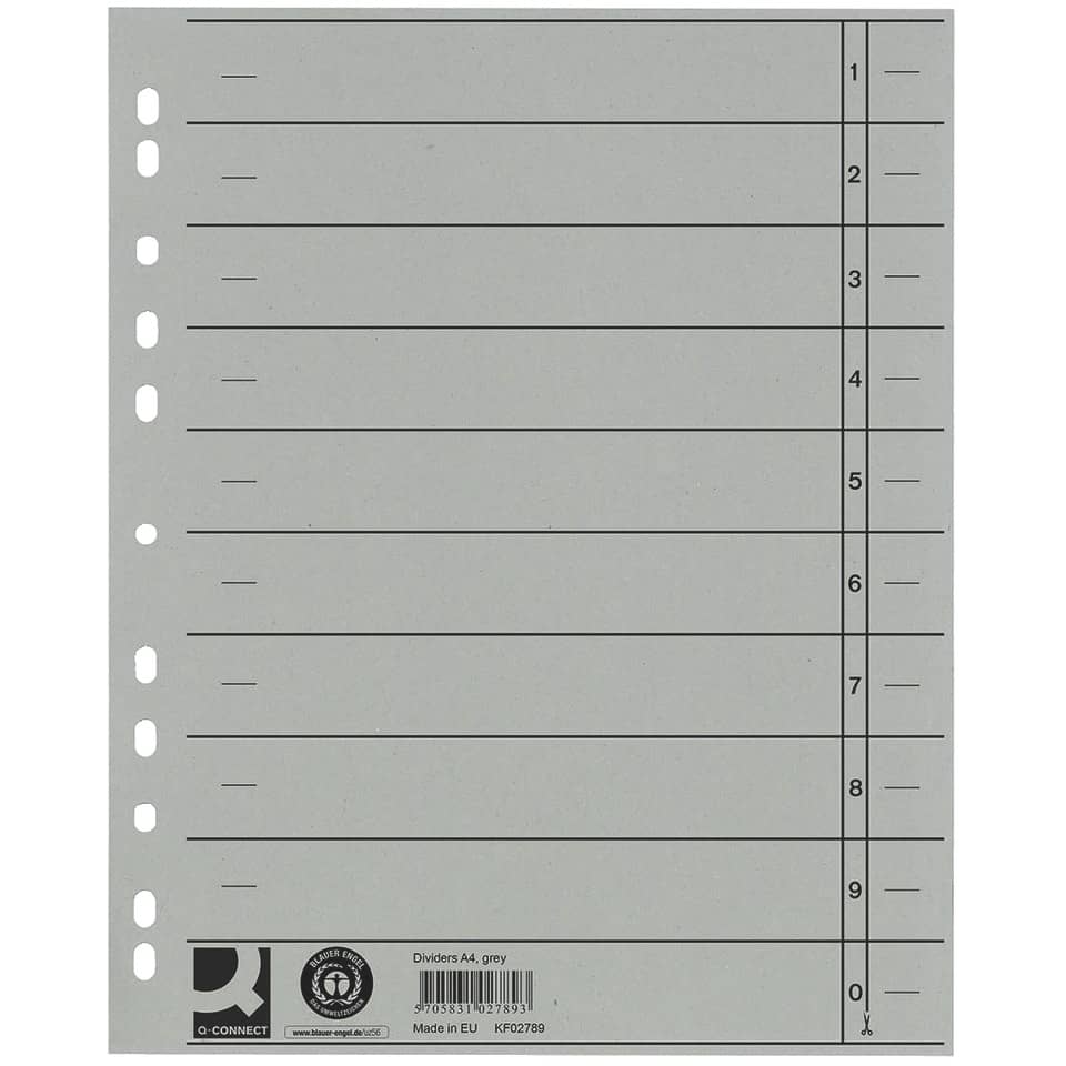 Separatore per archivio con perforazione universale Q-Connect 24x30 cm 230 g/m² grigio  conf. da 100 - KF02789