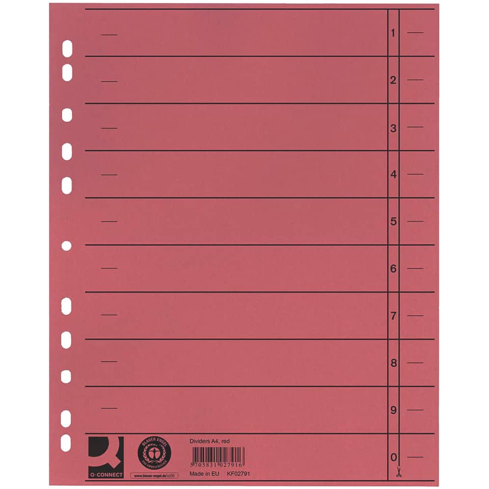 Separatore per archivio con perforazione universale Q-Connect 24x30 cm 230 g/m² rosso  conf. da 100 - KF02791