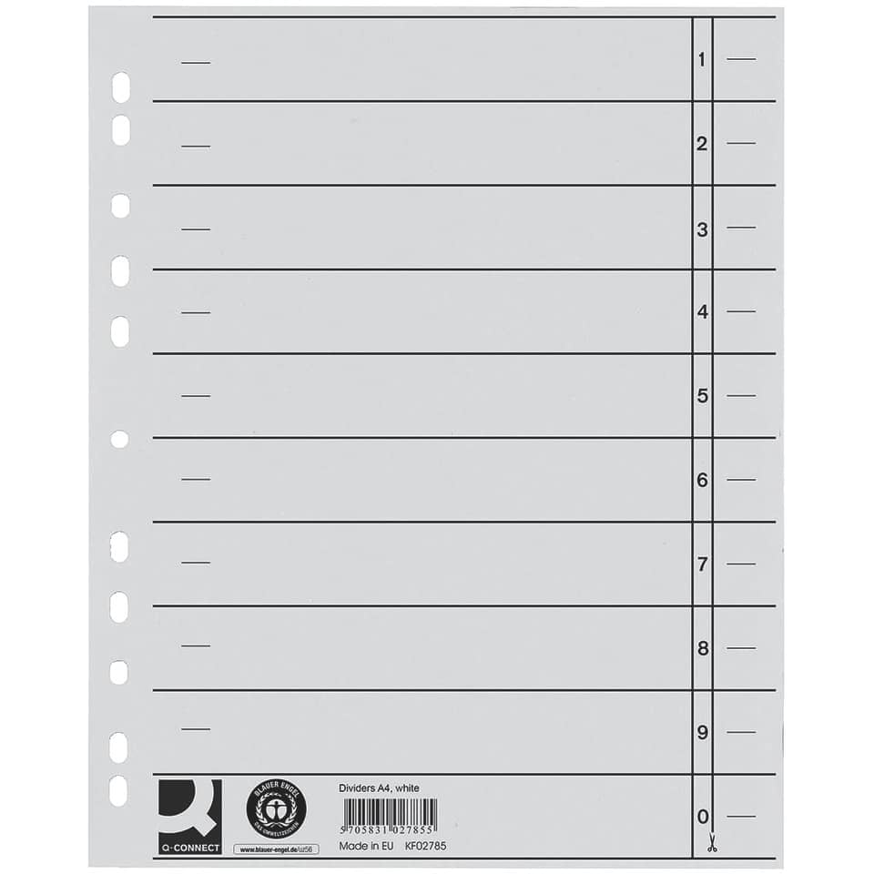 Separatore per archivio con perforazione universale Q-Connect 24x30 cm 230 g/m² bianco  conf. da 100 - KF02785