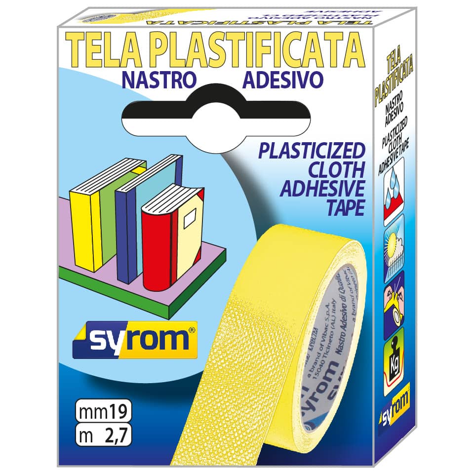 Nastro adesivo in tela Tes 702 SYROM formato 19 mm x 2,7 m - materiale tela plastificata giallo - 7566