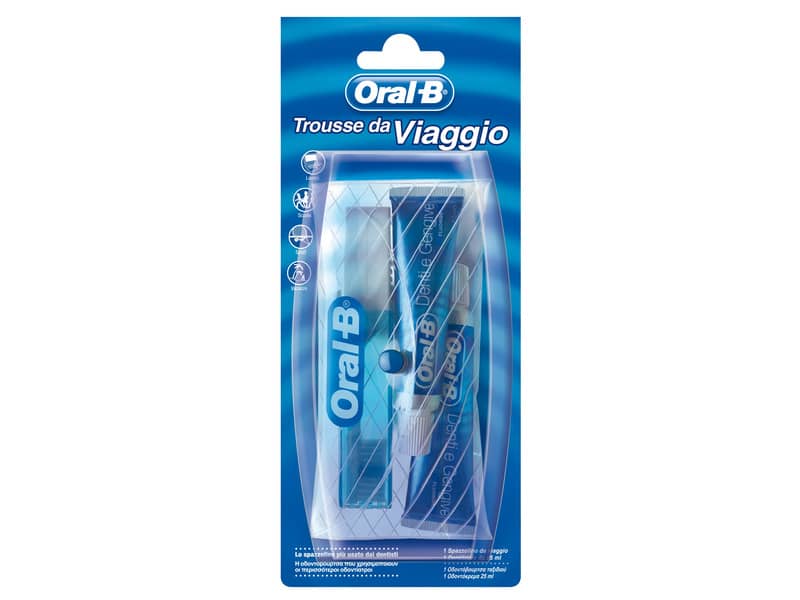 Trousse da viaggio TRAVELPACK1 ORAL B bianco e blu spazzolino + 2 dentifrici da 15 ml - B28