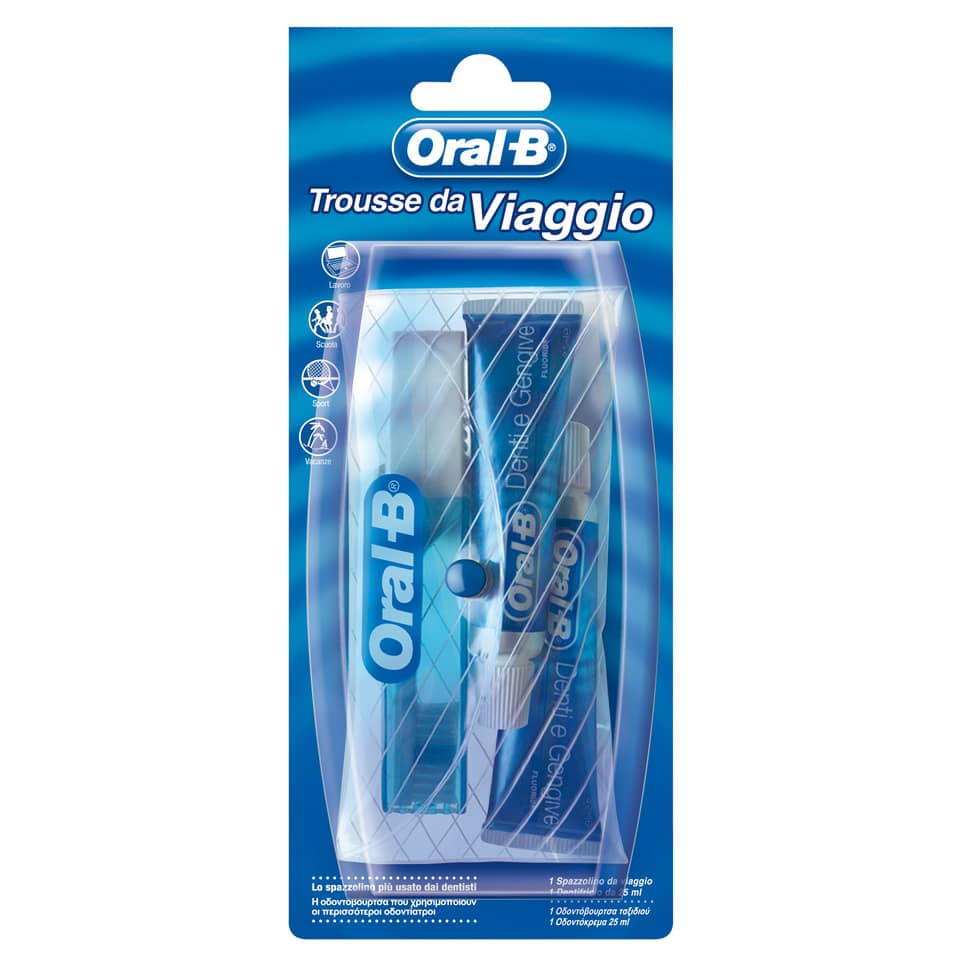 Trousse da viaggio TRAVELPACK1 ORAL B bianco e blu spazzolino + 2 dentifrici da 15 ml - B28