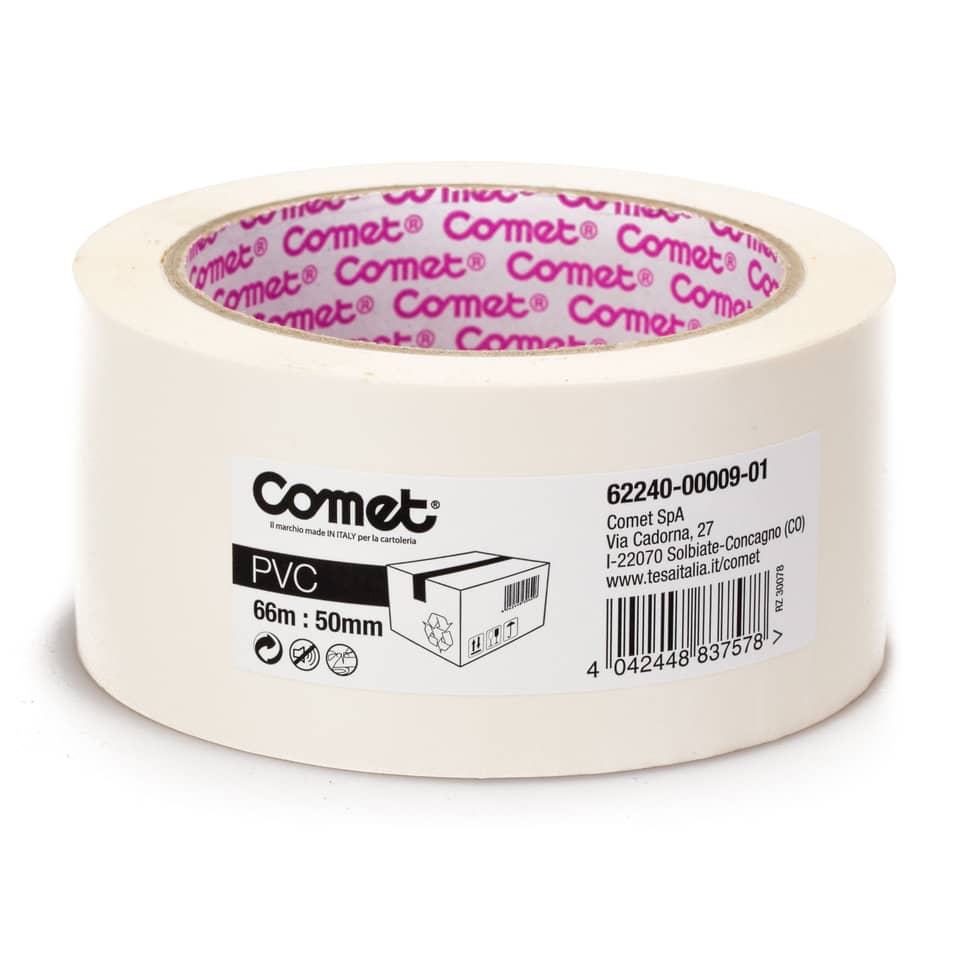 Nastri adesivi per la spedizione Comet in PVC con adesivo in gomma naturale 50 mm x 66 m bianco - 62240-00009-01