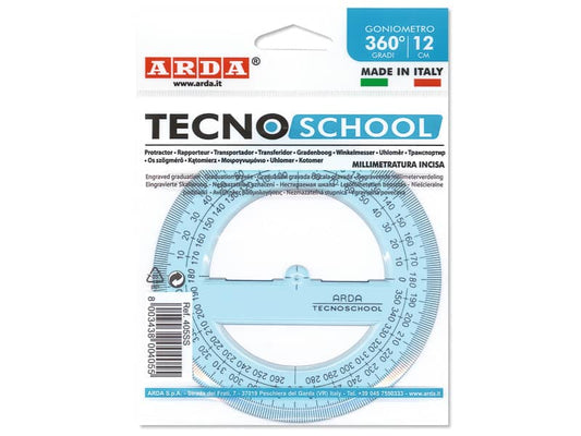 Goniometro ARDA Linea Tecnoschool polistirolo termoresistente azzurro trasparente 360° 12 cm - 405SS