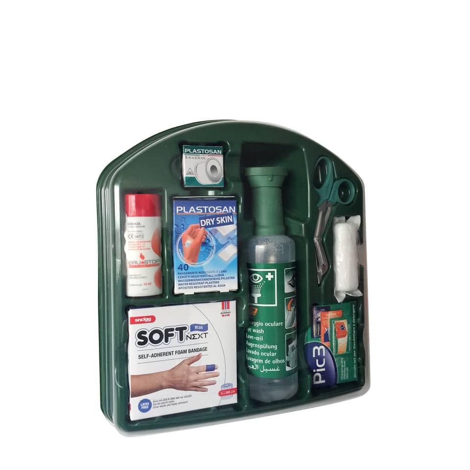 Kit Pronto soccorso oculare PVS 9 prodotti per lavaggio, ustioni e medicazione verde - cps999