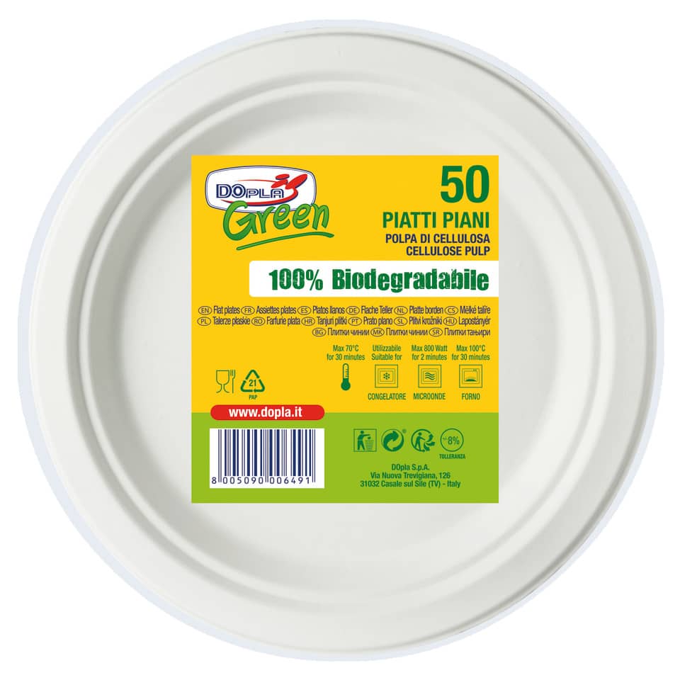 Piatti piani monouso biodegradabili Dopla Green Ø 225 mm polpa di cellulosa bianco  conf.50 - 7701