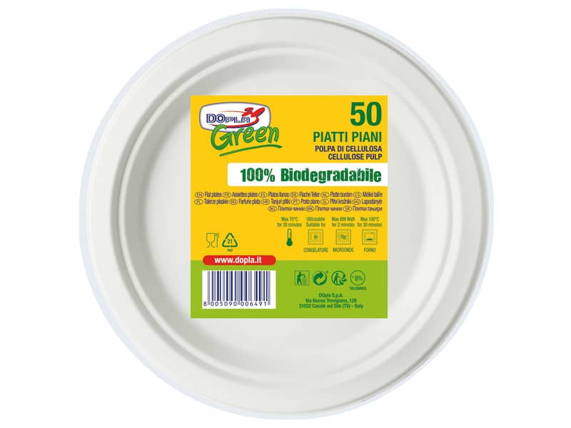 Piatti piani monouso biodegradabili Dopla Green Ø 225 mm polpa di cellulosa bianco  conf.50 - 7701