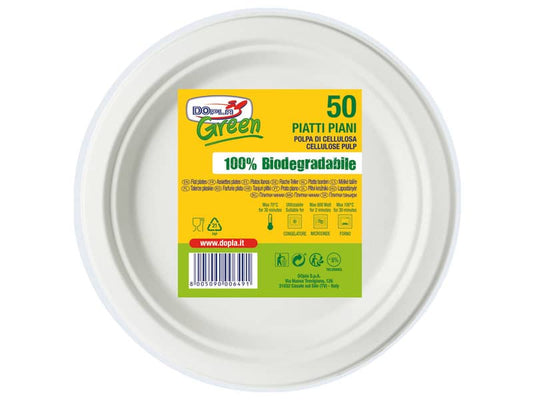Piatti piani monouso biodegradabili Dopla Green Ø 225 mm polpa di cellulosa bianco conf.50 - 7701