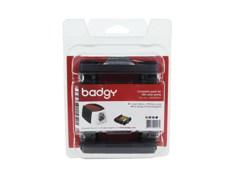 Kit di stampa per badge Evolis Badgy con 100 schede in Pvc da 0,76 cm - nastro multicolore - CBGP0001C