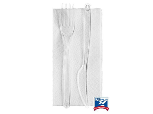 Coppia posate con tovagliolo monouso Dopla Professional polistirolo trasparente  conf.100 - 03387