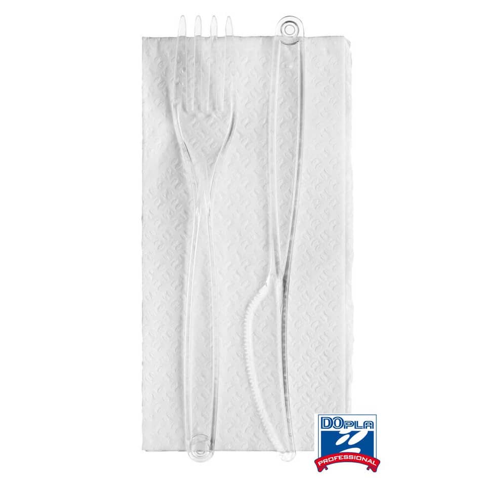 Coppia posate con tovagliolo monouso Dopla Professional polistirolo trasparente  conf.100 - 03387