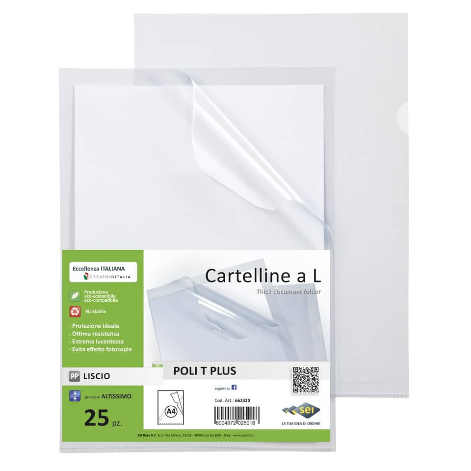 Cartelline a L in PP liscio Sei Rota Poli T-Plus altissimo spessore A4 trasparente - conf. 25 buste - 662320
