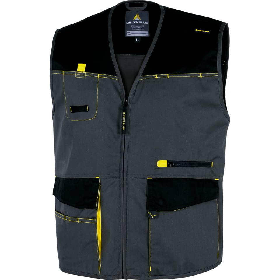 Gilet da lavoro DELTA PLUS D-Mach chiusura con zip - 5 tasche - poliestere e cotone grigio-giallo - L - DMGILGJGT