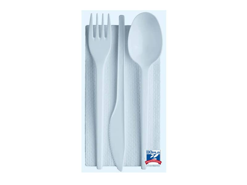 Tris posate con tovagliolo monouso Dopla Professional polistirolo bianco  conf.100 - 03385