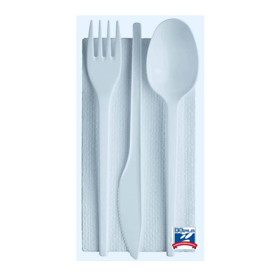 Tris posate con tovagliolo monouso Dopla Professional polistirolo bianco  conf.100 - 03385