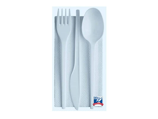 Tris posate con tovagliolo monouso Dopla Professional polistirolo bianco  conf.100 - 03385