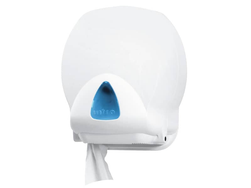 Distributore mini di carta igienica jumbo QTS in ABS con capacità massim Ø 20 cm bianco con vetrino blu IN-TO2/WS