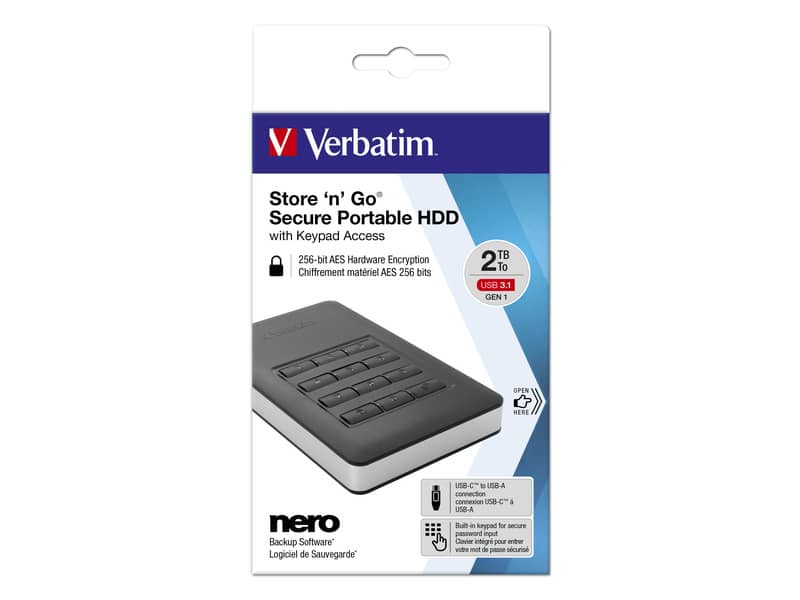 Hard Disk Esterno Store'n' Go Secure 3.1 Verbatim 2 TB  con tastierino d'accesso nero - 53403