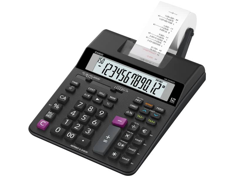 Mini calcolatrice scrivente Casio HR-200RCE-W con batteria, stampa a 2 colori e display a 12 cifre - HR-200RCE