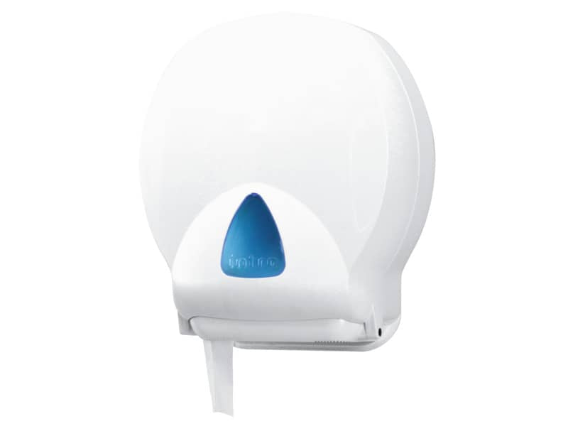 Distributore maxi di carta igienica jumbo QTS in ABS con capacità massima Ø 30 cm bianco con vetrino blu - IN-TO1/WS