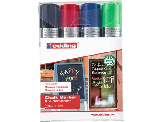 Marcatori a gesso liquido edding 4090 punta scalpello 4-15 mm assortiti confezione da 4 - 4-4090-4999