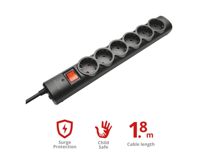 Multipresa a 6 porte con interruttore Trust Surge Protector 1.8 m nero 21061