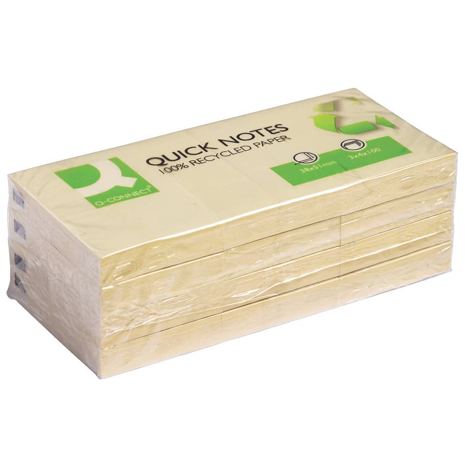 Foglietti riposizionabili Q-Connect 100% materiale riciclato 65 g/m² giallo 38x51 mm  12 blocchetti da 100 ff - KF22367