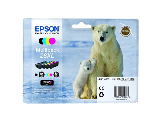 Cartucce inkjet alta resa Orso polare 26XL Epson n+c+m+g Conf. 4 - C13T26364010