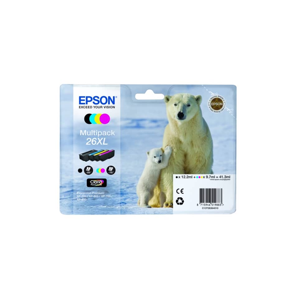 Cartucce inkjet alta resa Orso polare 26XL Epson n+c+m+g Conf. 4 - C13T26364010