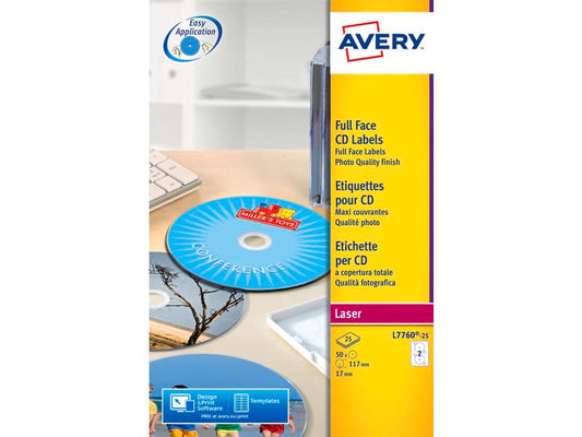 Etichette per CD AVERY bianche lucide Ø 117 mm - 2 et/foglio - per Laser - copertura totale - cf. 25 fogli L7760-25