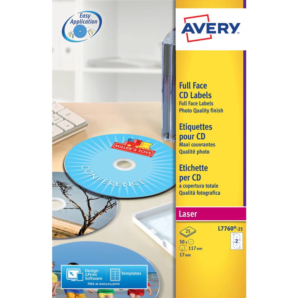 Etichette per CD AVERY bianche lucide Ø 117 mm - 2 et/foglio - per Laser - copertura totale - cf. 25 fogli L7760-25