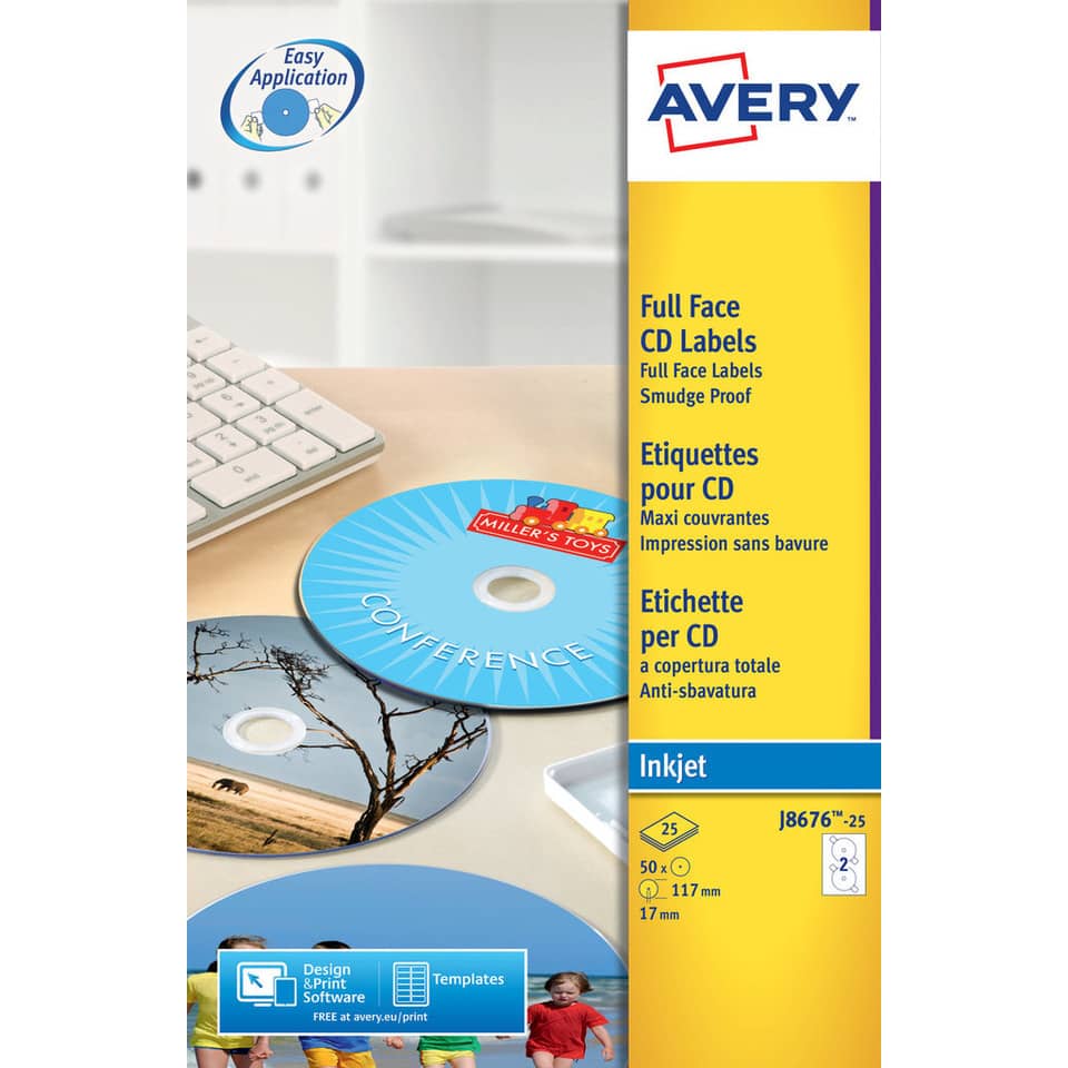 Etichette per CD AVERY patinate opache Ø 117 mm  - 2 et/foglio - per Inkjet - copertura totale - cf. 25 fogli J8676-25