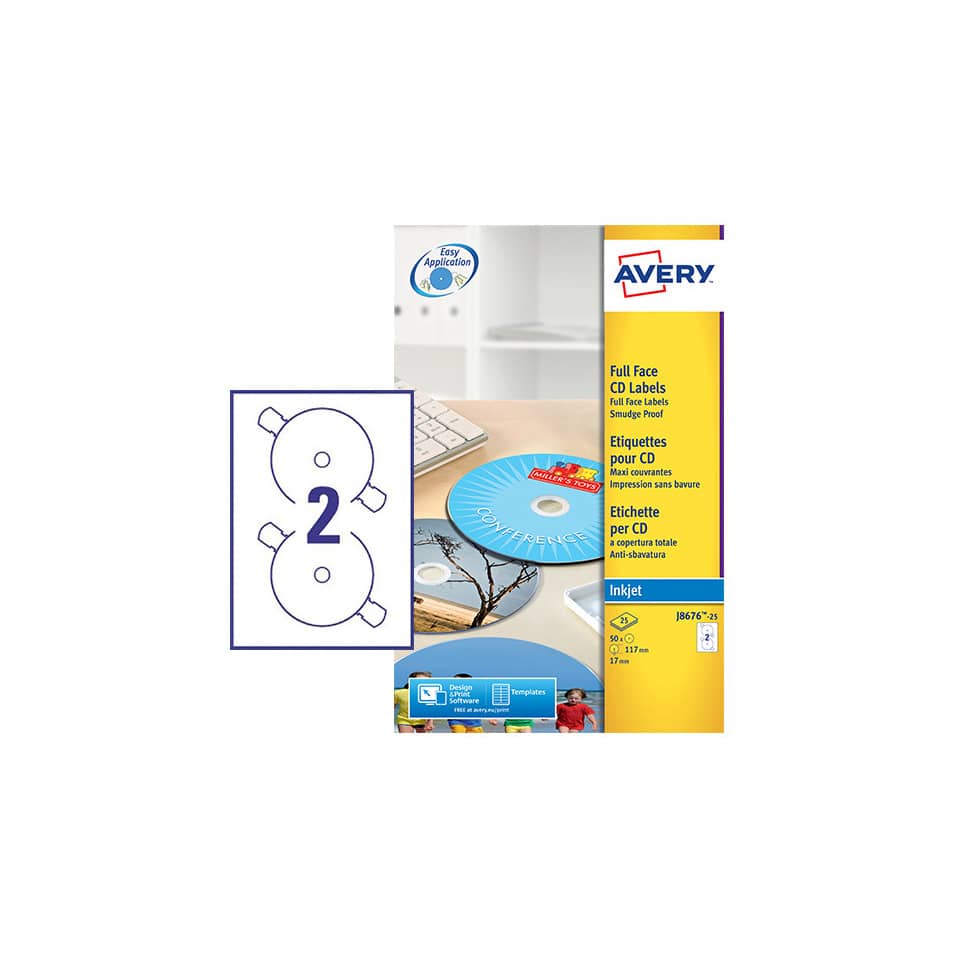Etichette per CD AVERY patinate opache Ø 117 mm  - 2 et/foglio - per Inkjet - copertura totale - cf. 25 fogli J8676-25