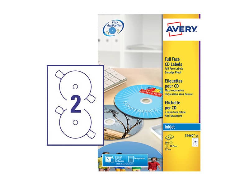 Etichette per CD AVERY bianche lucide Ø 117 mm  - 2 et/foglio - per Inkjet - copertura totale - cf. 25 fogli C9660-25