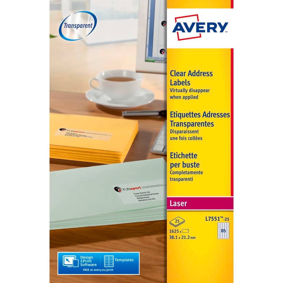 Etichette poliestere trasparenti lucide AVERY QuickPEEL™ 38,1x21,2 mm - 65 et/foglio - laser conf. 25 ff L7551-25