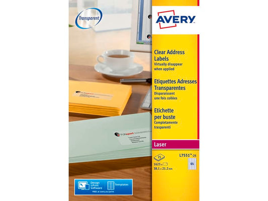 Etichette poliestere trasparenti lucide AVERY QuickPEEL™ 38,1x21,2 mm - 65 et/foglio - laser conf. 25 ff L7551-25