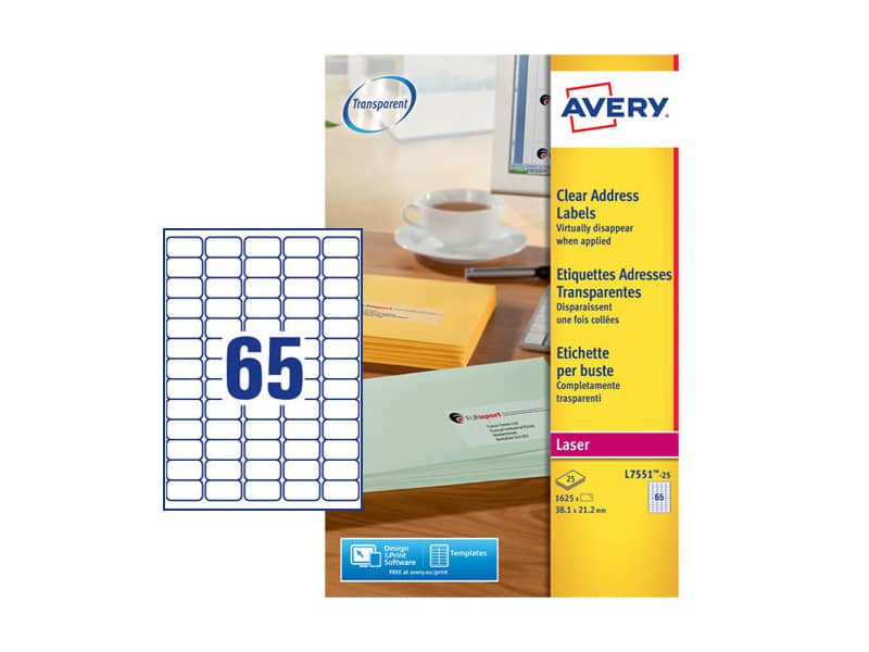 Etichette poliestere trasparenti lucide AVERY QuickPEEL™ 38,1x21,2 mm - 65 et/foglio - laser conf. 25 ff L7551-25