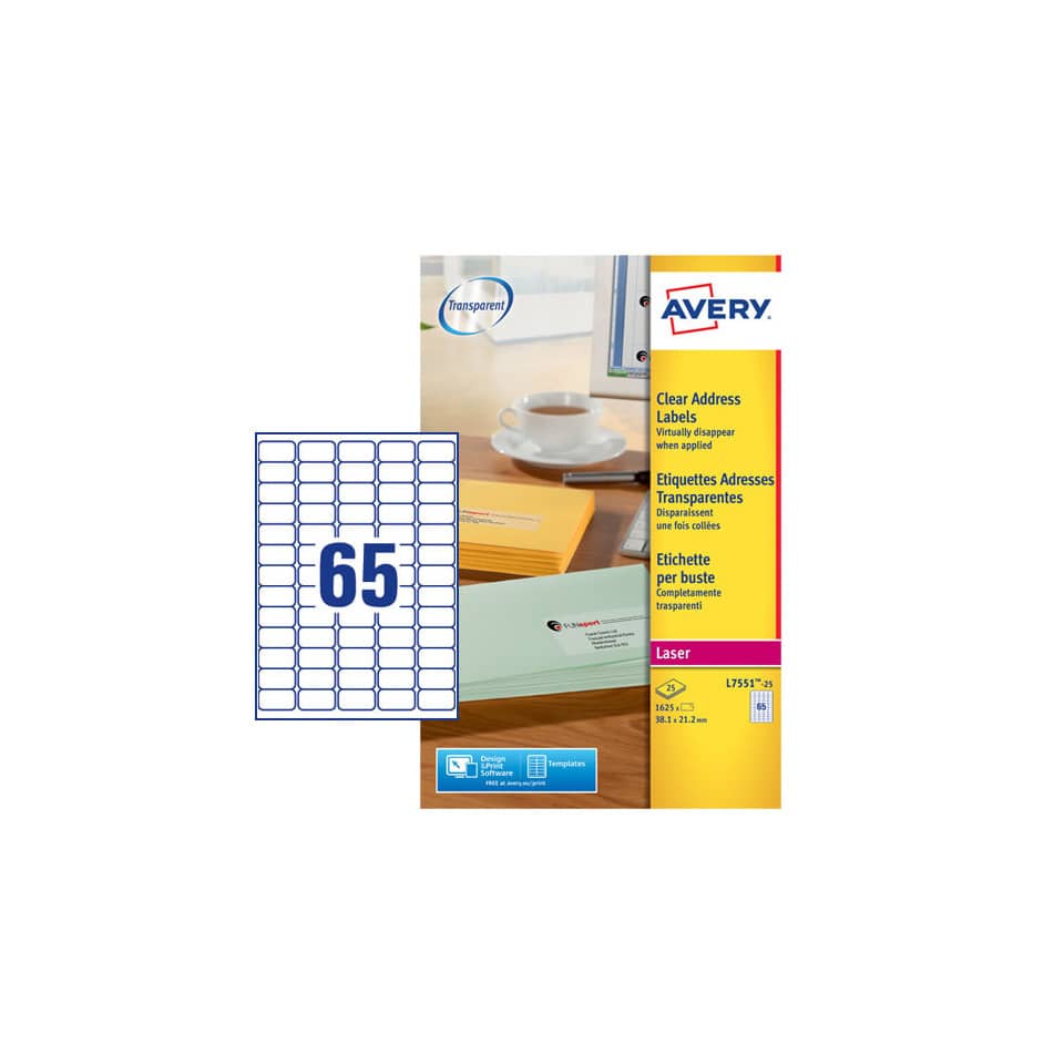 Etichette poliestere trasparenti lucide AVERY QuickPEEL™ 38,1x21,2 mm - 65 et/foglio - laser conf. 25 ff L7551-25