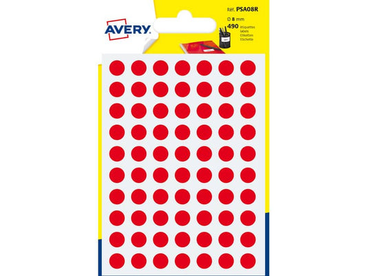 Etichette rotonde colorate AVERY rosso Ø 8 mm - 70 et/foglio - scrivibili a mano - bustina da 7 fogli - PSA08R