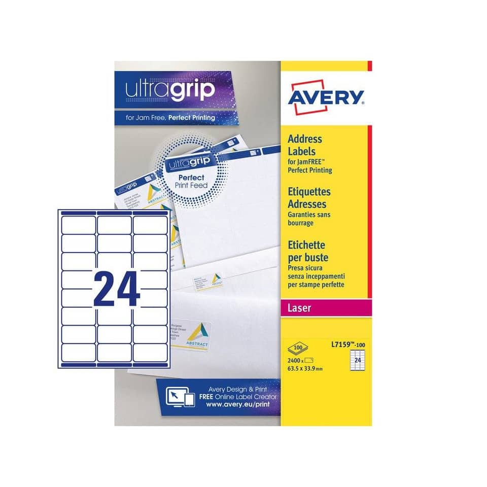 Etichette bianche per indirizzi AVERY Ultragrip™ 63,5x33,9 mm - 24 et/foglio - stampanti laser cf. 100 fogli L7159-100