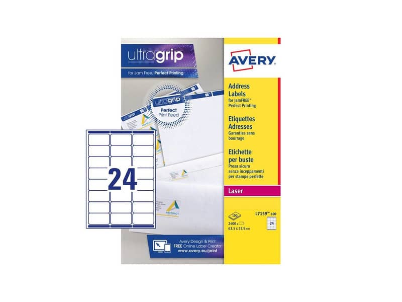 Etichette bianche per indirizzi AVERY Ultragrip™ 63,5x33,9 mm - 24 et/foglio - stampanti laser cf. 100 fogli L7159-100