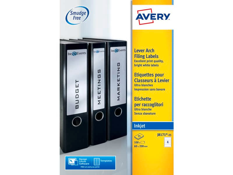 Etichette bianche per raccoglitori Avery QuickDRY™ 60x200 mm - 4 et/foglio - stampanti inkjet - cf 25 fogli J8171-25