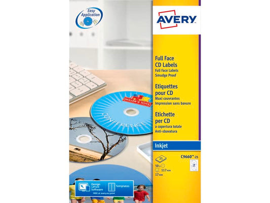 Etichette per CD AVERY bianche lucide Ø 117 mm  - 2 et/foglio - per Inkjet - copertura totale - cf. 25 fogli C9660-25