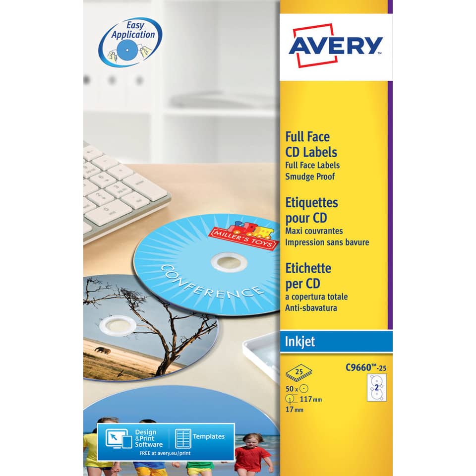 Etichette per CD AVERY bianche lucide Ø 117 mm  - 2 et/foglio - per Inkjet - copertura totale - cf. 25 fogli C9660-25