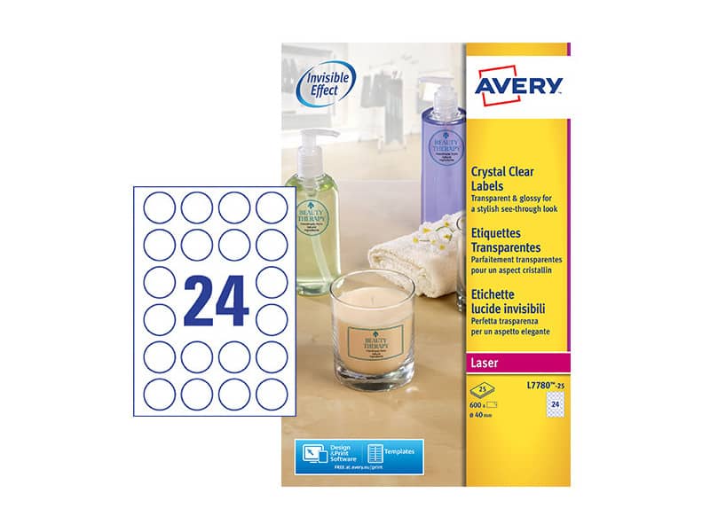 Etichette poliestere trasparenti lucide AVERY QuickPEEL™ tonde Ø 40 mm - 24 et/foglio - laser conf. 25 ff L7780-25