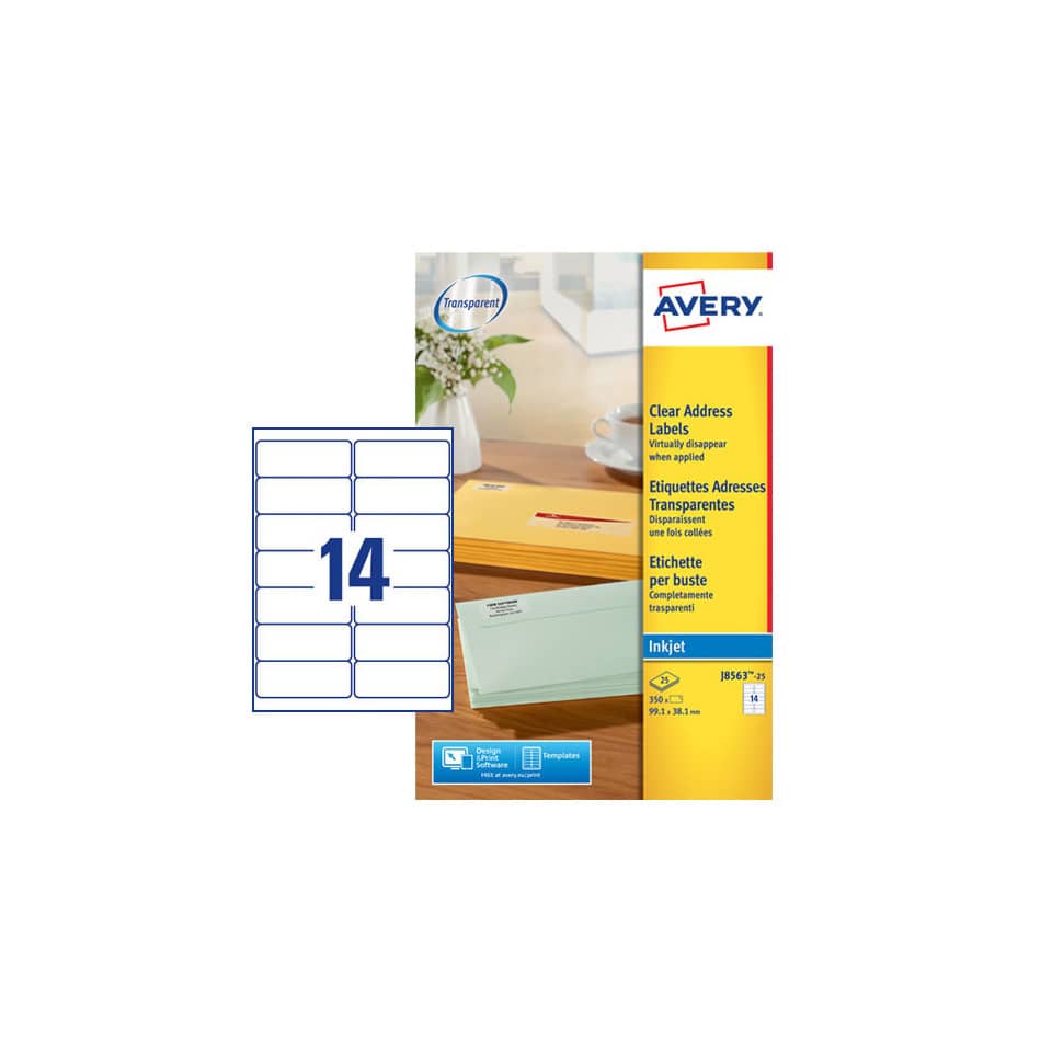 Etichette poliestere trasparenti opache AVERY QuickPEEL™ 99,1x38,1 mm - 14 et/foglio - inkjet conf. 25 ff J8563-25