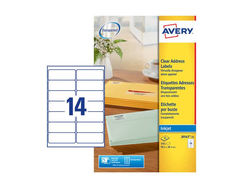 Etichette poliestere trasparenti opache AVERY QuickPEEL™ 99,1x38,1 mm - 14 et/foglio - inkjet conf. 25 ff J8563-25