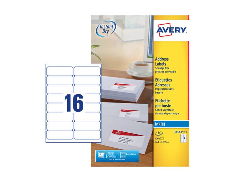 Etichette bianche per buste AVERY QuickDRY™ 99,1x33,9 mm - 16 et/foglio - stampanti inkjet - cf. 25 fogli J8162-25